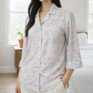 Lauren Ralph Lauren Pajama PJ Top Floral LRL Monogram Notch Collar Button Down M